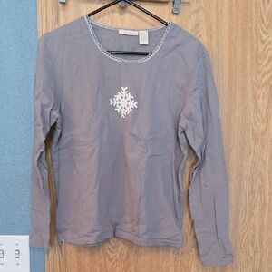 J.Jill Gray Long Sleeve Top with White Embroidery